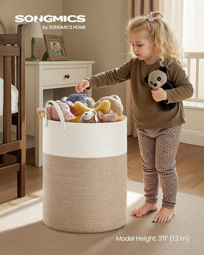 Laundry Hamper, Cotton Rope Laundry Basket with Handles, for Children, Toys, Clothing, Living Room, Bedroom, 21.1 Gallons, 15.7 X 15.7 X 23.6 Inches, White and Grayish Brown URLH062LZ01