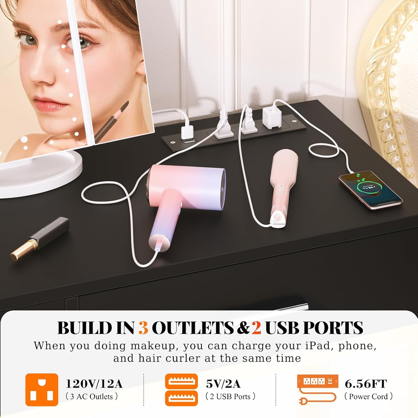 Vanity Desk, Vanity Desk with Mirror and Light, Small Vanitys Set with Drawers, Makeup Desk with Power Outlets, 36'' Makeup Vanitys with Stool, Dressing Table, Black