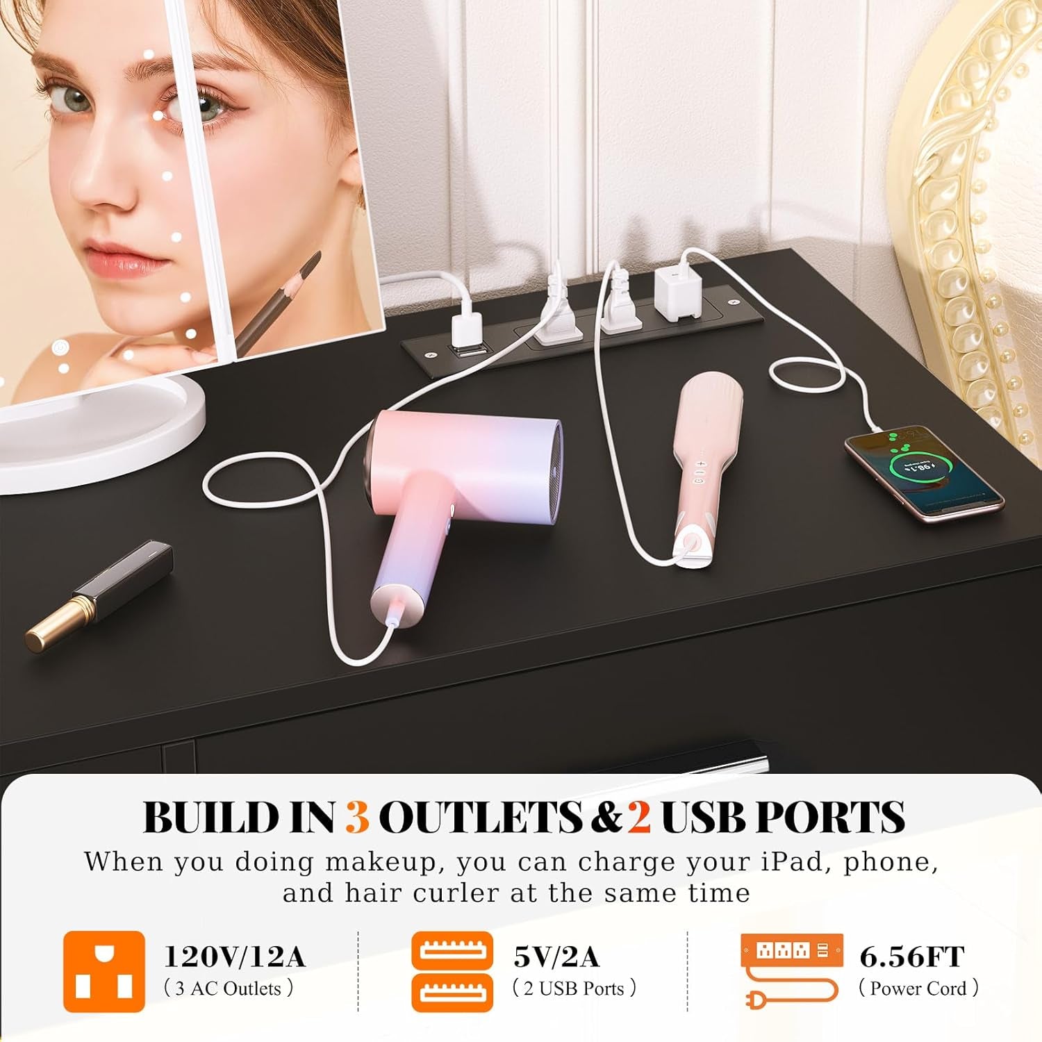 Vanity Desk, Vanity Desk with Mirror and Light, Small Vanitys Set with Drawers, Makeup Desk with Power Outlets, 36'' Makeup Vanitys with Stool, Dressing Table, Black