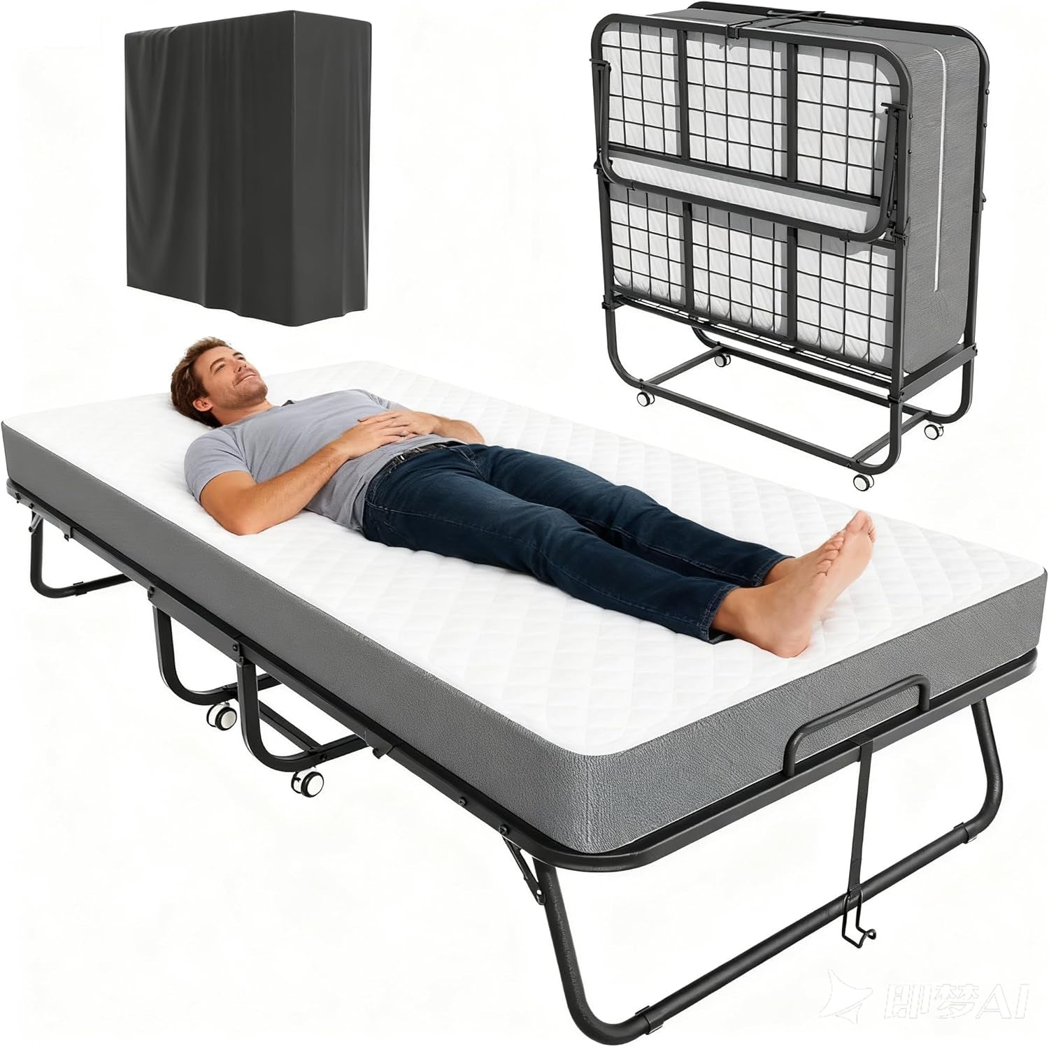 Folding Bed with Mattress, Twin Foldable Bed, Roll Away Beds for Adults, 75" X 31" Roll Away Portable Beds with 5" Mattress, Folded Frame for Small Apartment, Guest Room