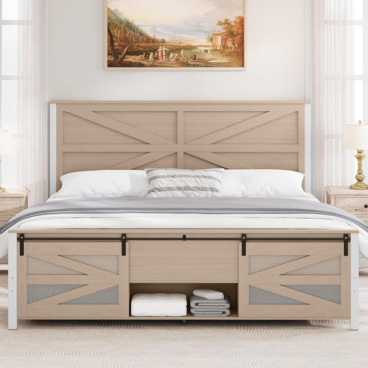 King Size Farmhouse Bed Frame with Sliding Barn Door Storage Cabinets, Platform Bed Frames with 47.2" Headboard, Solid Metal Slats Support, Noiseless, No Box Spring Needed, Oak