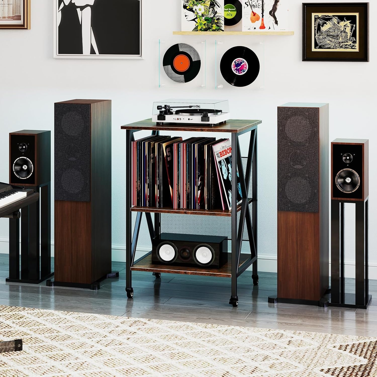 Record Player Stand with Charging Station, Turntable Stand with Adjustable Shelf, 4 Rolling Wheels, 3-Tier End Table Vinyl Record Storage Table for Living Room, Bedroom, Rustic Brown