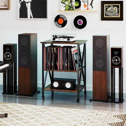Record Player Stand with Charging Station, Turntable Stand with Adjustable Shelf, 4 Rolling Wheels, 3-Tier End Table Vinyl Record Storage Table for Living Room, Bedroom, Rustic Brown