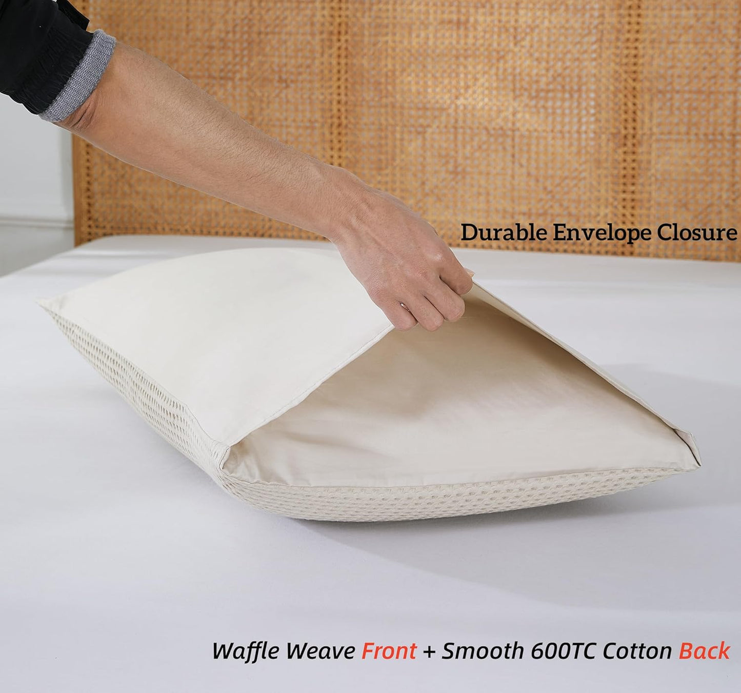 100% Cotton Waffle Weave Pillow Shams King Size Set of 2 ,600 TC Egyptian Cotton Pillowcases with Envelope Closure,Fade-Resistant, Luxury Soft & Breathable Pillow Case Covers for Bed ,Khaki 20" X 36"