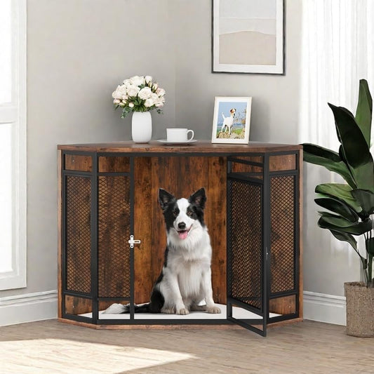 52" Corner Dog Crate Furniture, Wooden Dog Kennel with Dog Cushion, Dog Kennel Corner Wooden End Table for Small Medium Large Dogs, Brown