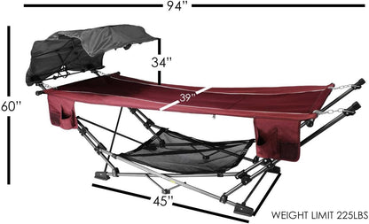 Limited Portable Folding Metal Framed Hammock with a Retractable Canopy, Perfect for Camping, Patio, Outdoor, and Relaxing, Side Pockets Included, Red (Pack of 1)