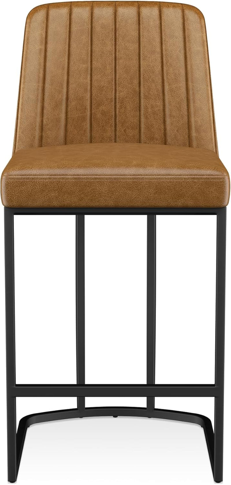 Counter Height Bar Stools Set of 2, Upholstered Leather Barrel Barstools with Back and Metal Legs for Kitchen Island, 27.4" Seat Height, Fabric in Faux Leather, Rustic Brown