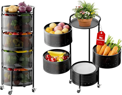No Assembly Integrated Vegetable Storage Rack, 4-Tier Rotating Fruit Basket with Wheels, Solid Carbon Steel Kitchen Storage Cart for Potato Onion Produce, Fruteros Para Cocina, Black