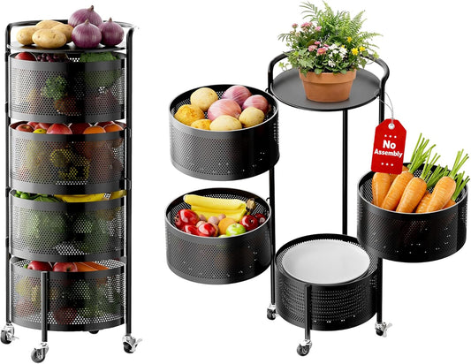 No Assembly Integrated Vegetable Storage Rack, 4-Tier Rotating Fruit Basket with Wheels, Solid Carbon Steel Kitchen Storage Cart for Potato Onion Produce, Fruteros Para Cocina, Black