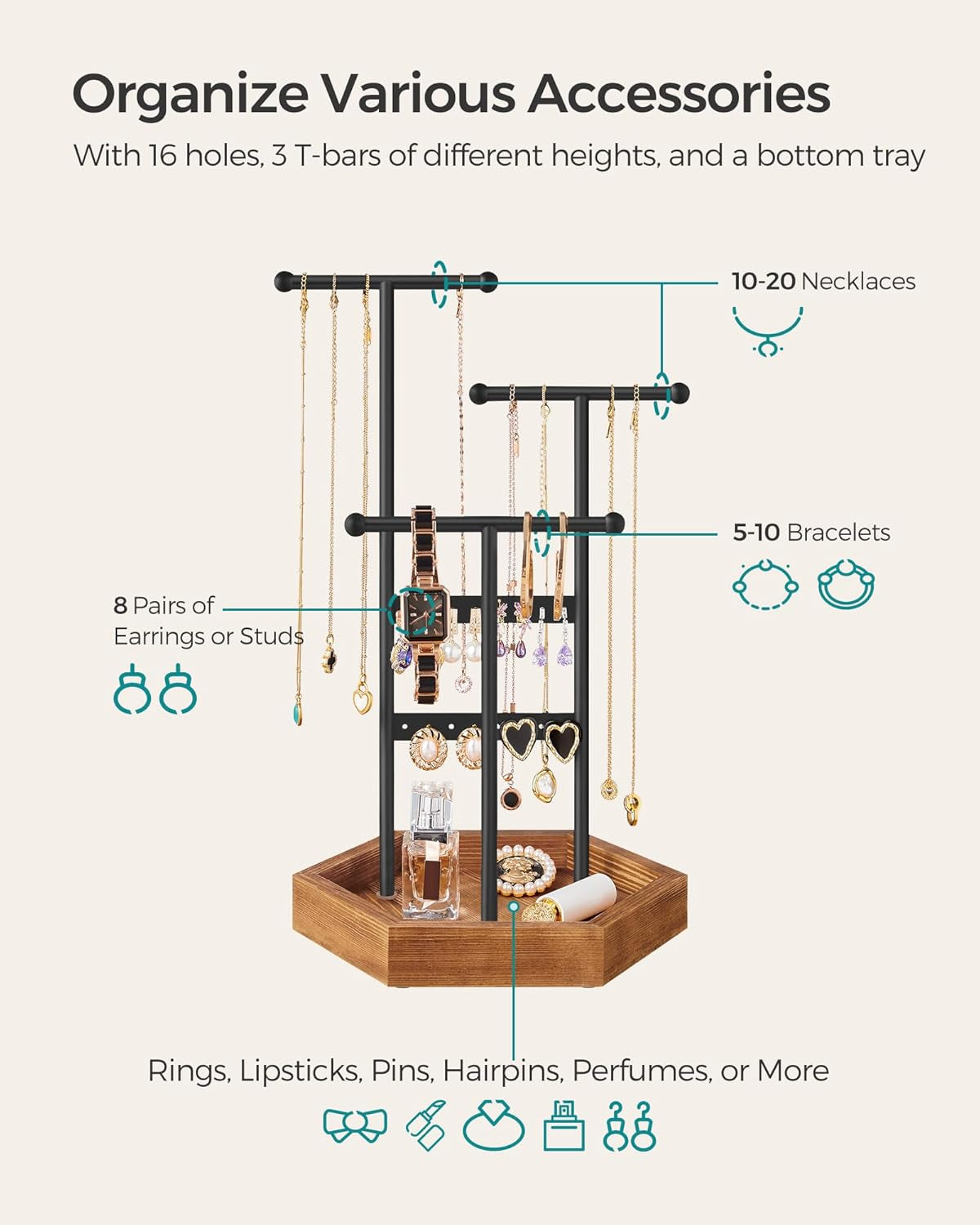 Jewelry Holder, Jewelry Organizer, 3 Tiers and 1 Tray, Jewelry Display Stand with Metal Frame, Necklace Earring Bracelet Holder, for Rings, Ink Black and Caramel Brown UJJS03CB