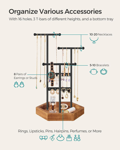 Jewelry Holder, Jewelry Organizer, 3 Tiers and 1 Tray, Jewelry Display Stand with Metal Frame, Necklace Earring Bracelet Holder, for Rings, Ink Black and Caramel Brown UJJS03CB