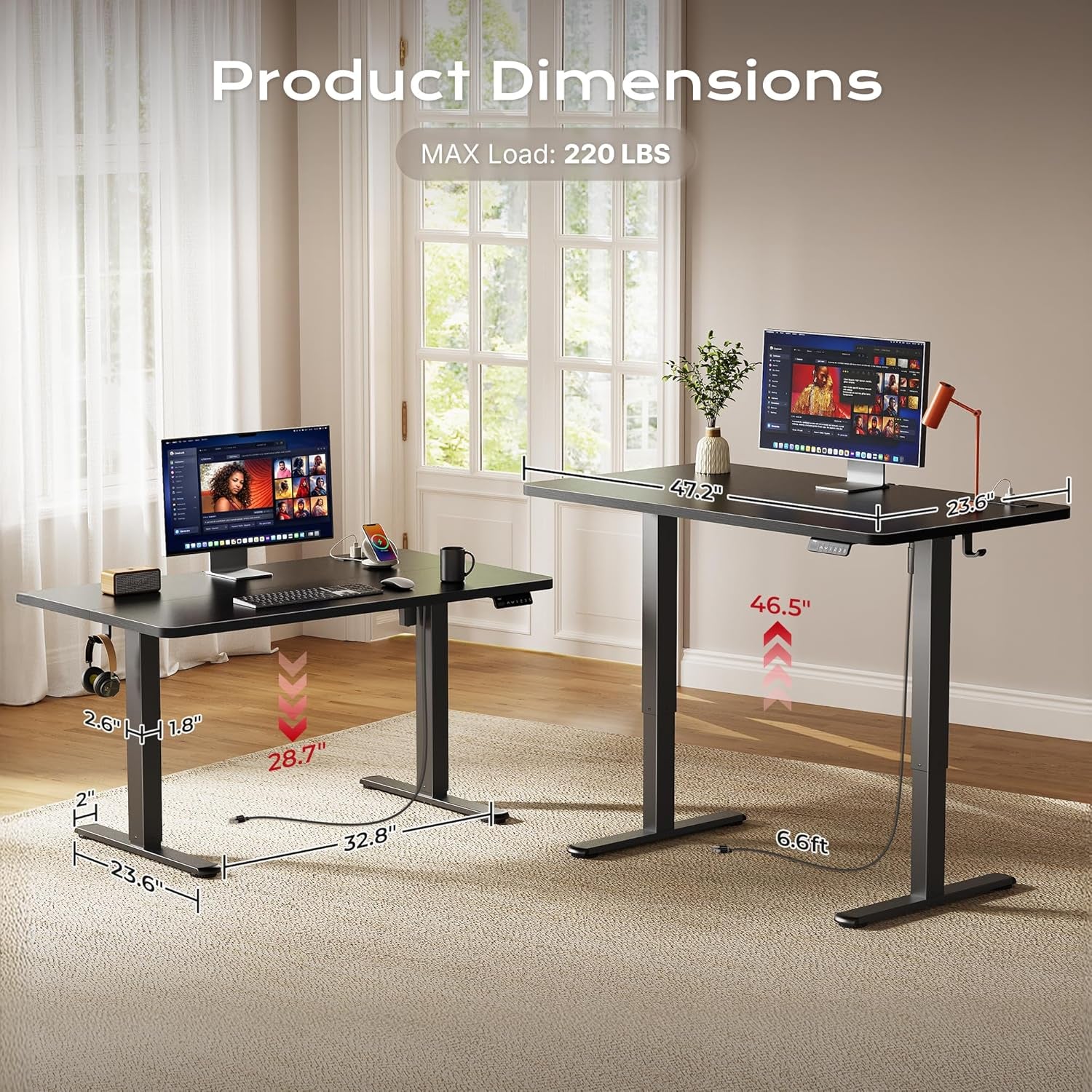 Electric Standing Desk with Power Outlets and USB-C Port, 47 X 24 Inch Height Adjustable Desk, Sit Stand Desk for Home Office, Computer & Gaming Desk with 4 Presets, Stable Steel Frame, Black