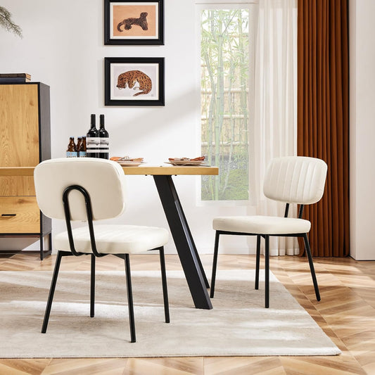 Dining Chairs Set of 2, Upholstered Mid Century Modern Kitchen Accent Chairs with Faux Leather Cushion Seat & Metal Legs for Home Office, Living Room - Cream White