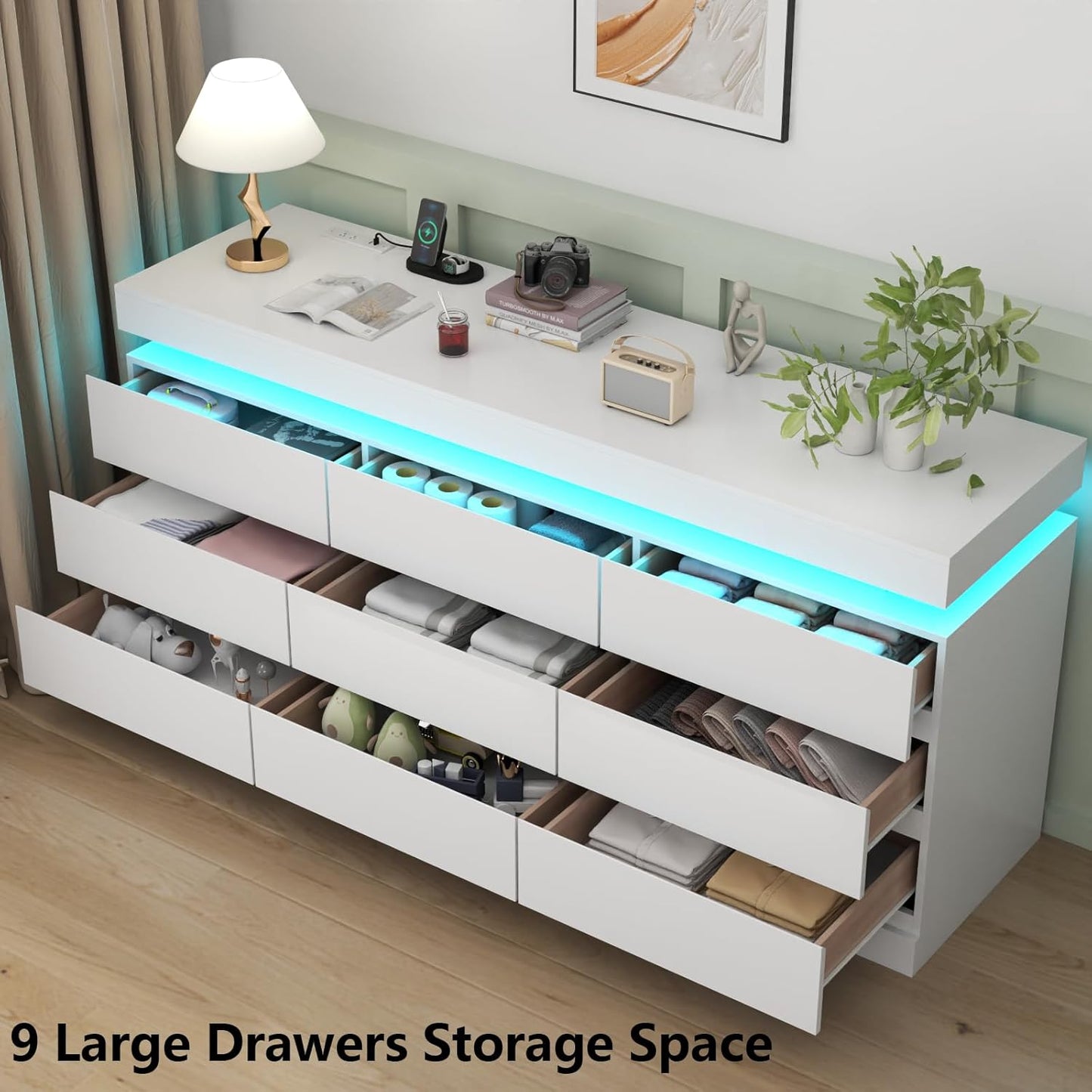 9 Drawer Dresser with Power Outlet, Dresser with LED Light, Modern Chest of Drawers for Closet, Double Wide Drawer Organizer Cabinet for Bedroom, Living Room (White, 9 Drawers)