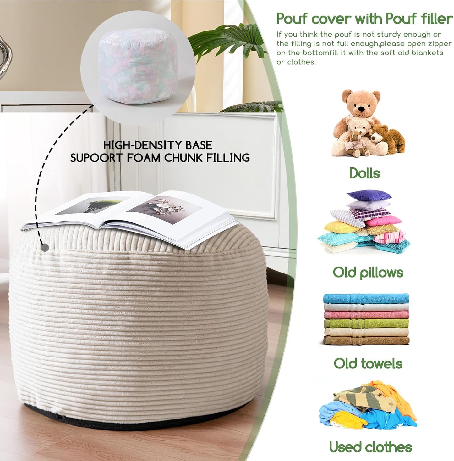 round Stuffed Pouf Ottoman, Corduroy Poufs with Foam Chunk Filling, Furry and Fluffy Pouf Foot Stool Storage Ottoman, 20 X 15 Floor Poufs Foot Rest for Living Room, Beige