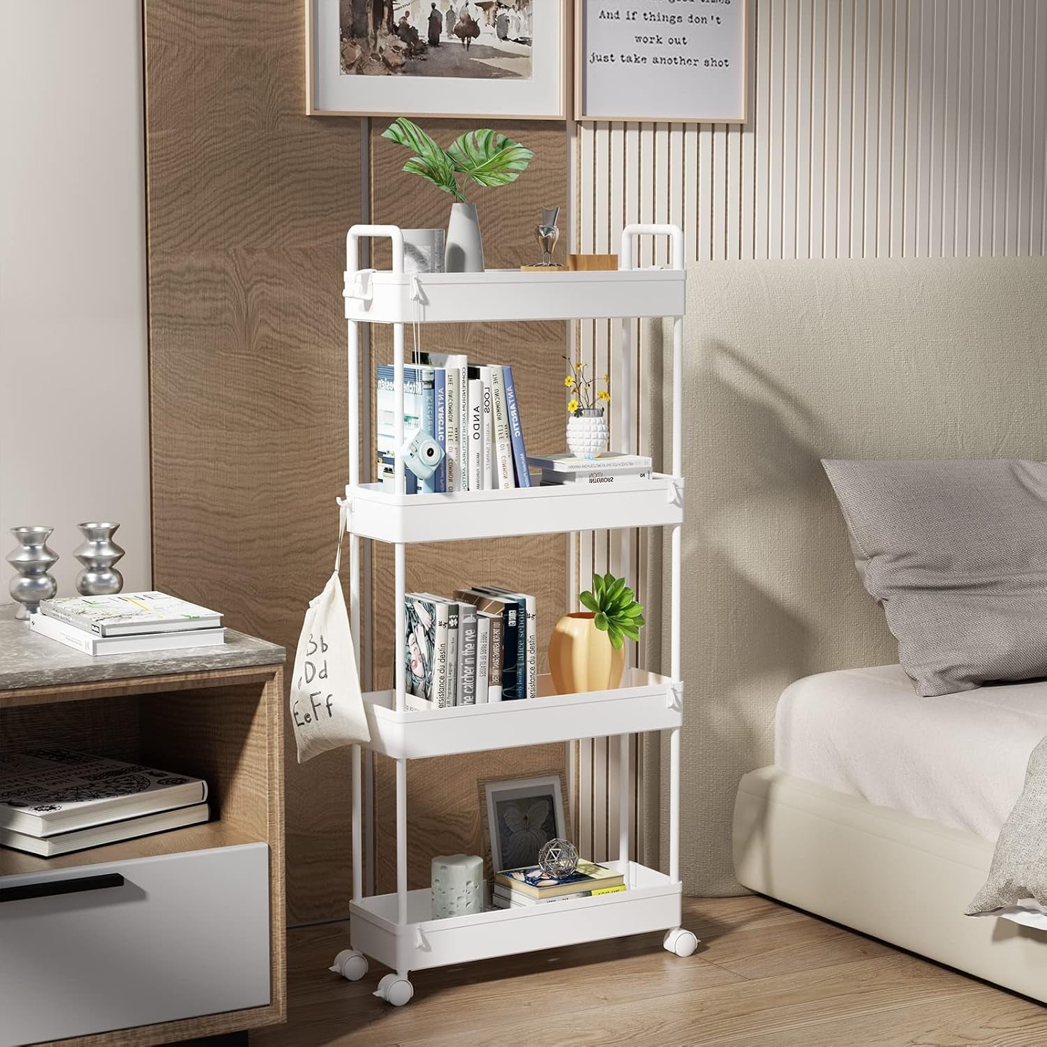 Slim Rolling Storage Cart with Wheels 4 Tier Skinny Bathroom Storage Organizer Narrow Shelf Unit Thin Laundry Room Utility Cart for Bedside Kitchen Office Next to Fridge Small Places, White