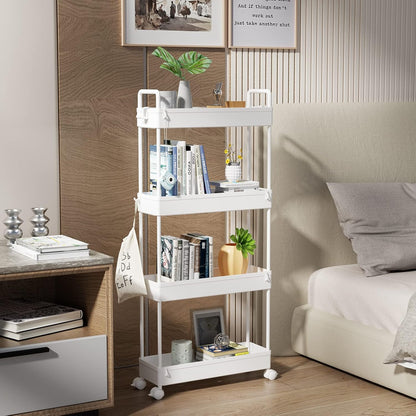 Slim Rolling Storage Cart with Wheels 4 Tier Skinny Bathroom Storage Organizer Narrow Shelf Unit Thin Laundry Room Utility Cart for Bedside Kitchen Office Next to Fridge Small Places, White