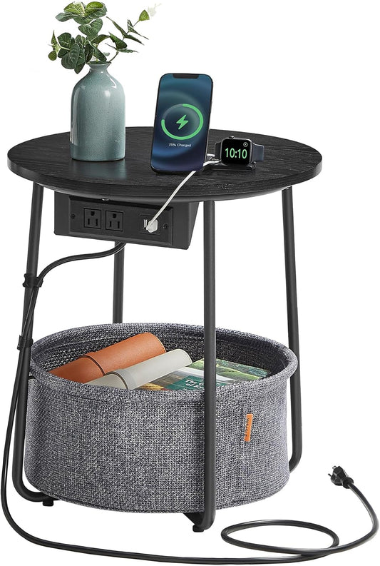 Side Table with Charging Station, round End Table with Fabric Basket, Nightstand with Power Outlets, USB Ports, for Living Room, Bedroom, Modern, Ebony Black and Slate Gray ULET228B01