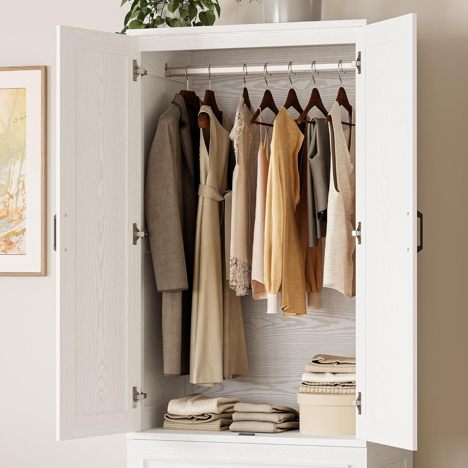 Armoire Wardrobe Closet with 2 Doors and 2 Drawers 70" H X 28" W Wooden Bedroom Freestanding Wardrobe Combination for Hanging Clothes, White