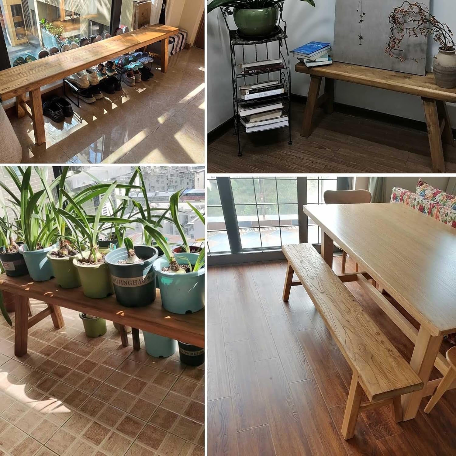 Farmhouse Wooden Dining Bench Indoor Natural Solid Wood Living Room Kitchen Long Bench 20" 32" 39" 47" 55" 63" 71" 79" Entryway Shoe Rack Bench for Bedroom Hallway Easy to Assemble Sturdy and Stable(4
