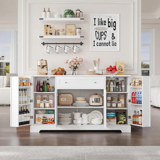 54" Buffet Cabinet with Storage, Modern Kitchen Buffet Sideboard with Drawer, Wood Coffee Bar Station with Adjustable Shelves, Kitchen Storage Cabinet for Living Room, White