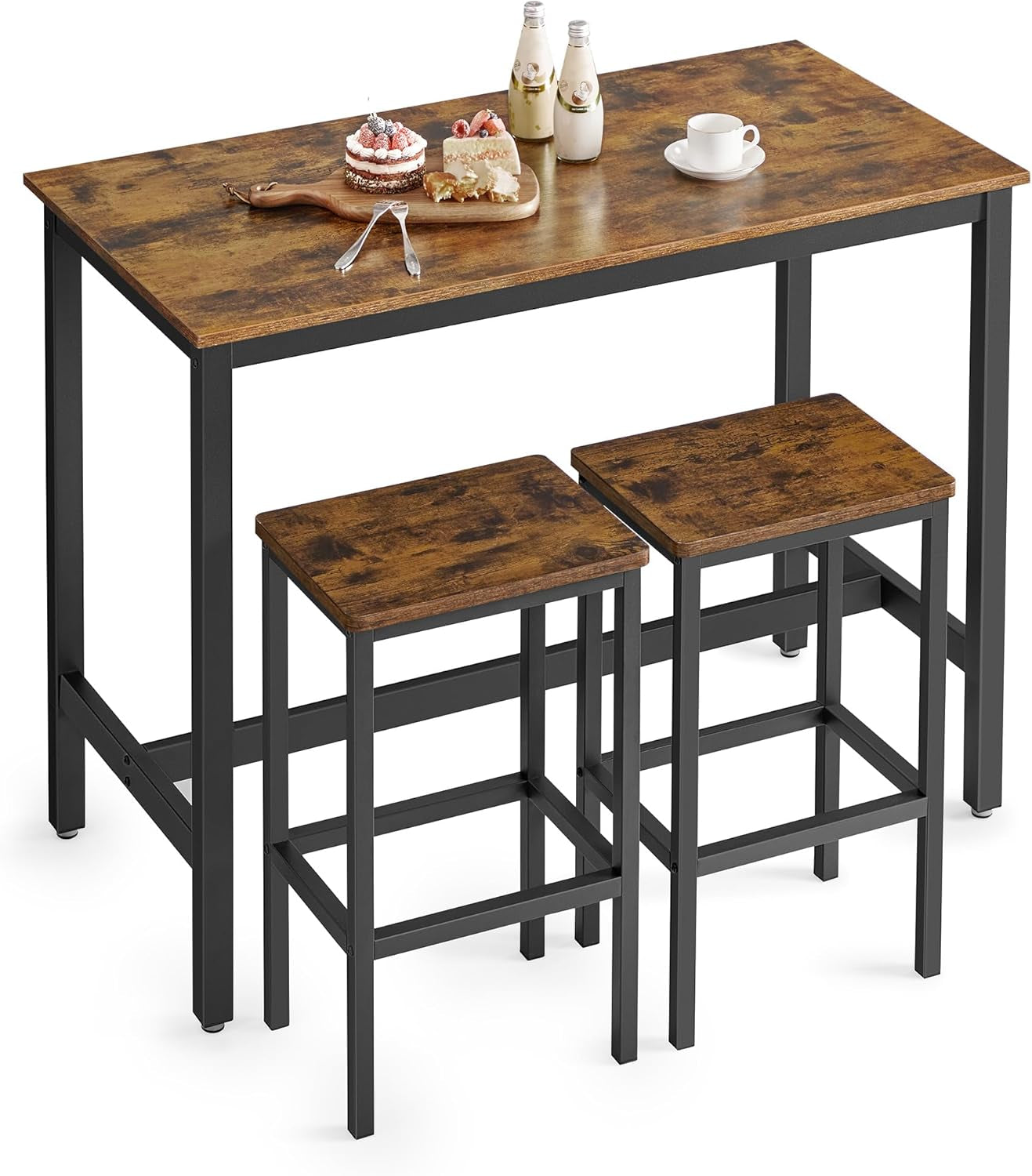Bar Table Set, with 2 Bar Stools, Dining Table Set, Kitchen Counter with Bar Chairs, Industrial, Living Room, Party Room, Rustic Brown and Black ULBT15X