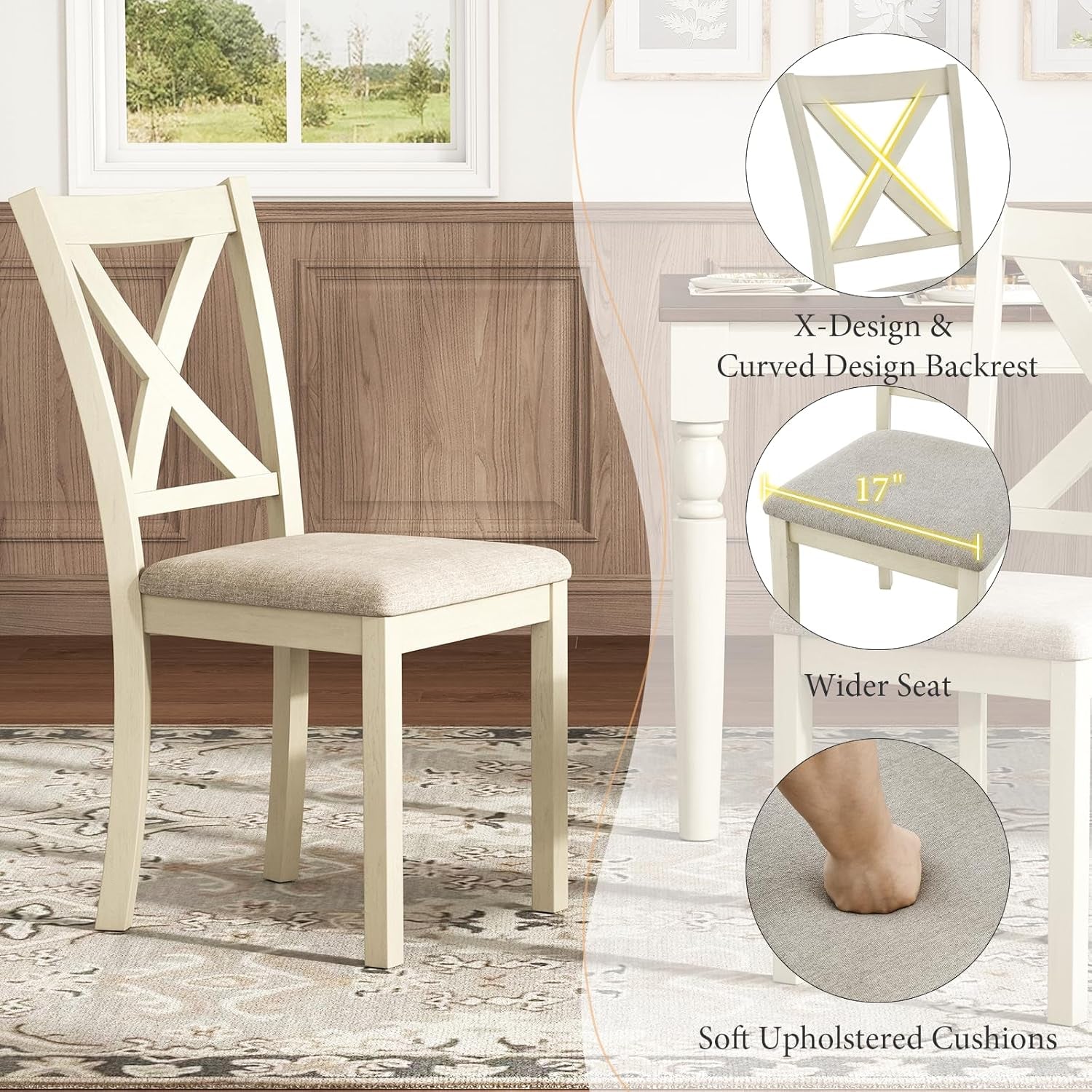 6-Piece Farmhouse Dining Table Set, 71” Solid Wood Table, 4 Upholstered Chairs and Bench, Rustic White and Walnut Finish, Seating for 6, for Kitchen or Dining Room