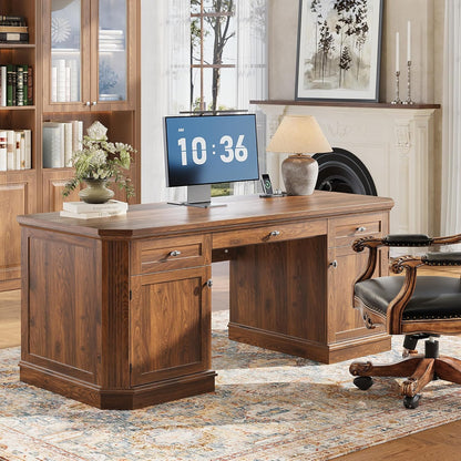 59" Classic Executive Desk with Storage, Victorian Executive Desk with Charging Station, Keyboard Tray, 3 Drawers & 2 Cabinet Storage & 2 Pedestals, Easy Assembly, Dark Walnut