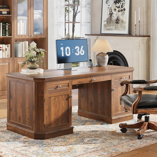 59" Classic Executive Desk with Storage, Victorian Executive Desk with Charging Station, Keyboard Tray, 3 Drawers & 2 Cabinet Storage & 2 Pedestals, Easy Assembly, Dark Walnut