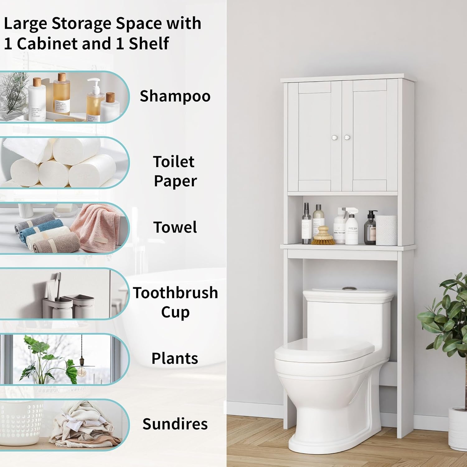 over the Toilet Storage Cabinet, Bathroom Shelf Organizer with Anti-Tip Device Small Freestanding Space Saver with Adjustable Shelf，White