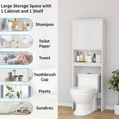 over the Toilet Storage Cabinet, Bathroom Shelf Organizer with Anti-Tip Device Small Freestanding Space Saver with Adjustable Shelf，White