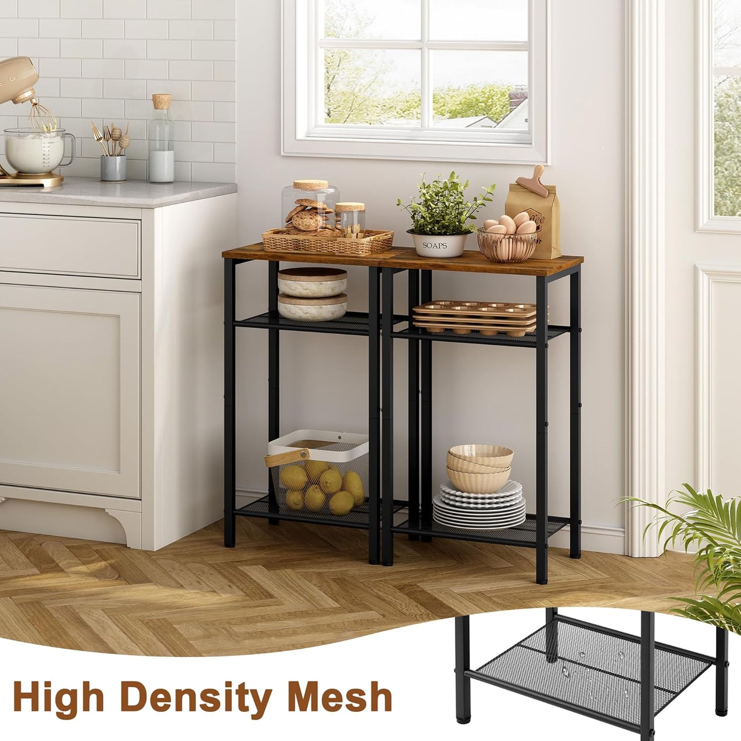 3 Tier End Table, Telephone Table, Narrow Side Table with Storage, Nightstand for Small Spaces, Metal Frame, for Living Room, Bedroom, Sofa Couch, Hall, Easy Assembly, Rustic Brown