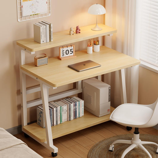 39.4 Inch Rolling Desk with Monitor Stand,Rolling Computer Desk for Student Writing Table for Small Space.