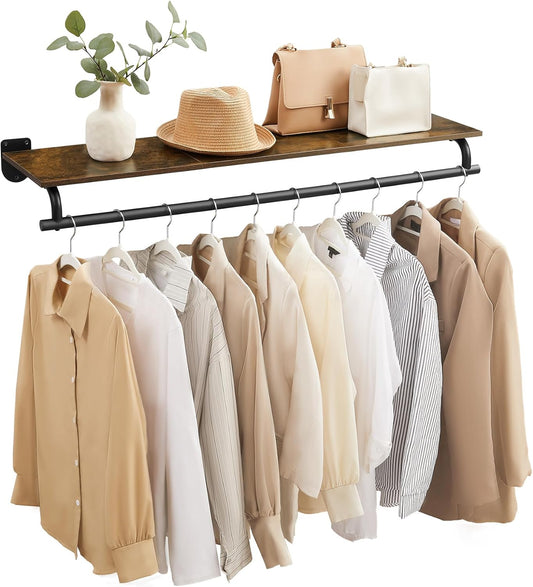 Clothes Rack with Top Shelf, Wall Mounted Clothing Rack, with Hanging Rod, Loads up to 77 Lb, 11 X 42.9 X 5.2 Inches, Entryway, Bedroom, Closet, Rustic Brown and Ink Black UHSR135B01