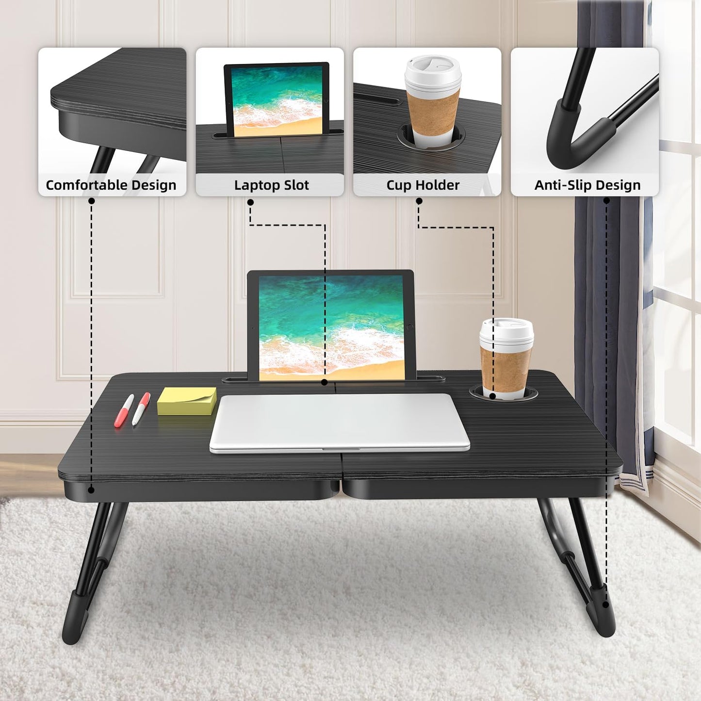 Portable Foldable Laptop Desk for Bed and Couch, Adjustable Lap Desk with Cup Holder and Phone Holder, Ideal for Working, Reading, Writing, and Breakfast (Black)