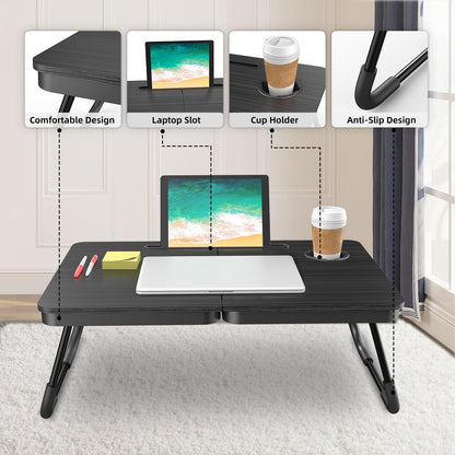 Portable Foldable Laptop Desk for Bed and Couch, Adjustable Lap Desk with Cup Holder and Phone Holder, Ideal for Working, Reading, Writing, and Breakfast (Black)