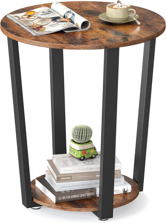 round Side End Table, 2-Tier Accent Bedside Table with Storage Shelf, Easy Assembly, Nightstand for Small Spaces, Living Room, Bedroom, Rustic Brown and Ink Black ULET57X