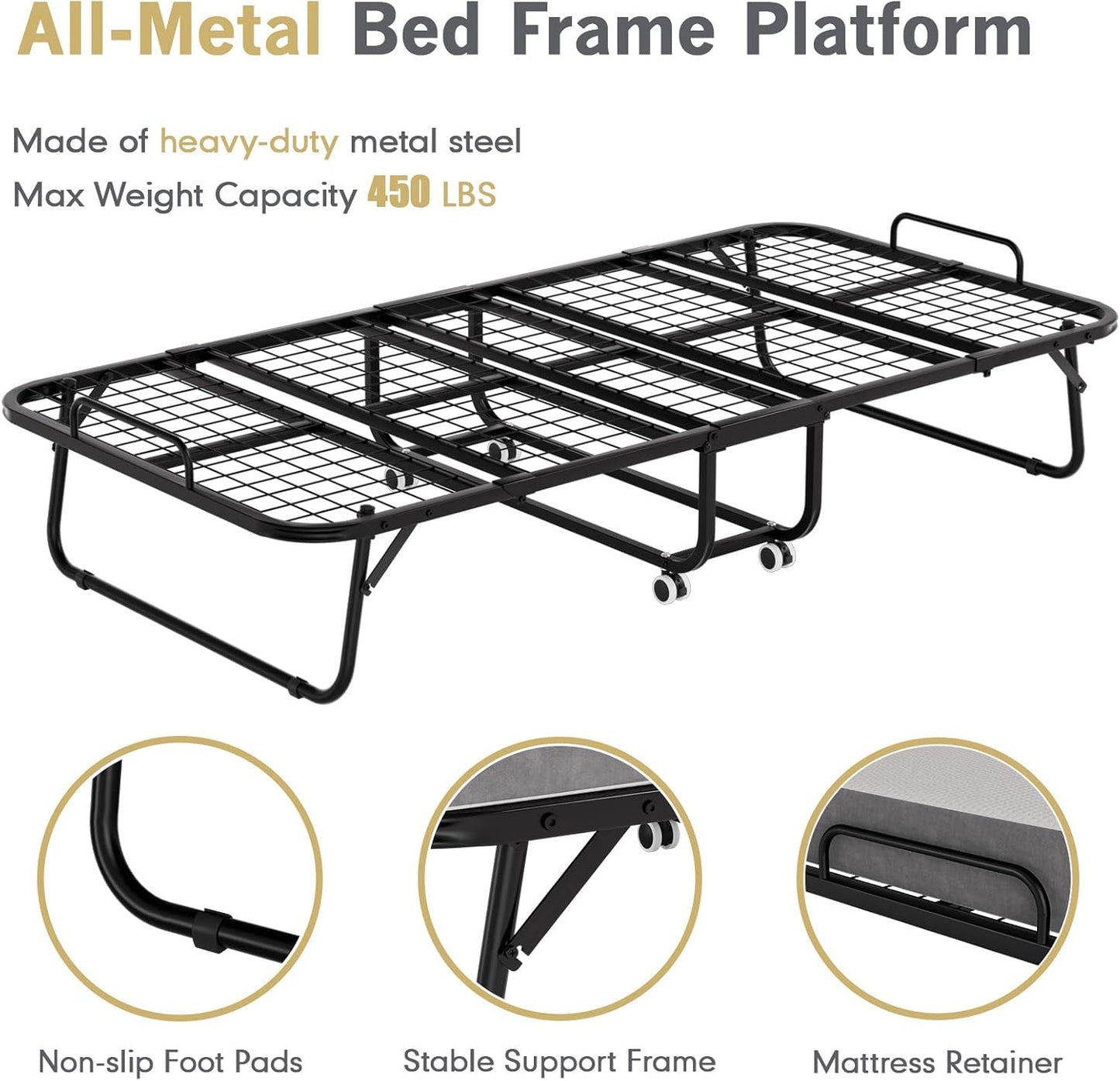 Folding Bed with Mattress for Adults, Portable Foldable Twin Beds with 5-Inch Memory Foam Mattress & Sturdy Metal Frame, Rollaway Bed Space-Saving Easy Storage,75"X 38"