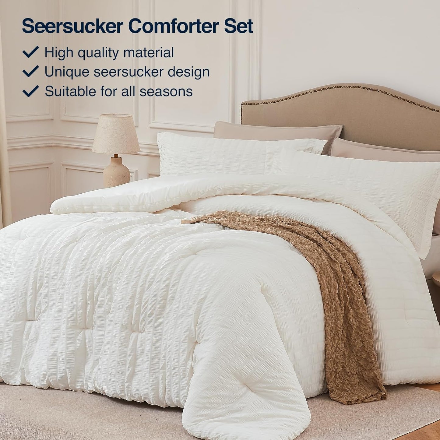 Beige Queen Comforter Set - 3 Pieces Seersucker Lightweight Bedding Comforter Sets (1 Soft Fluffy Comforter & 2 Pillowcases) - All Seasons Cozy Farmhouse Bed Sets for Women Men