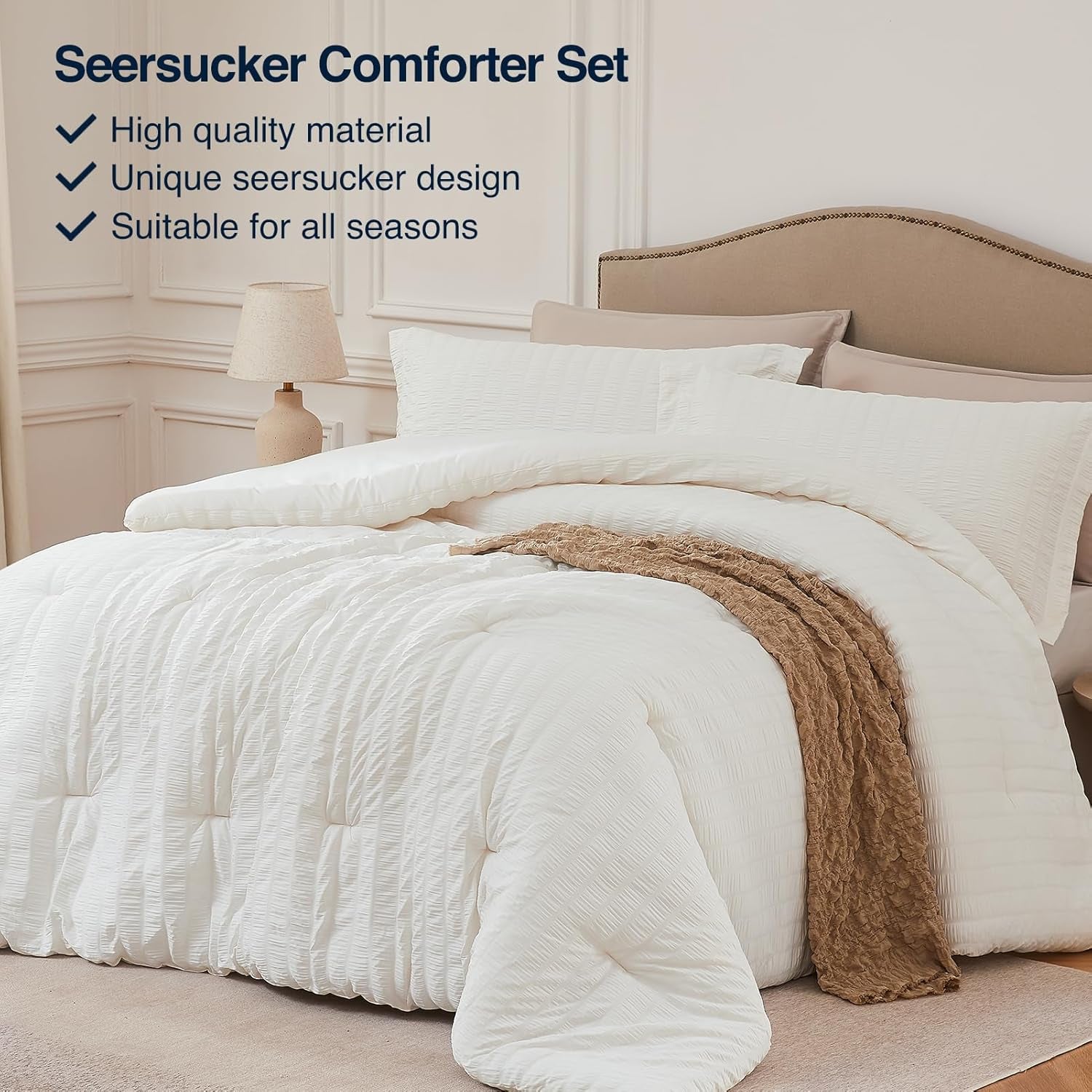 Beige Queen Comforter Set - 3 Pieces Seersucker Lightweight Bedding Comforter Sets (1 Soft Fluffy Comforter & 2 Pillowcases) - All Seasons Cozy Farmhouse Bed Sets for Women Men