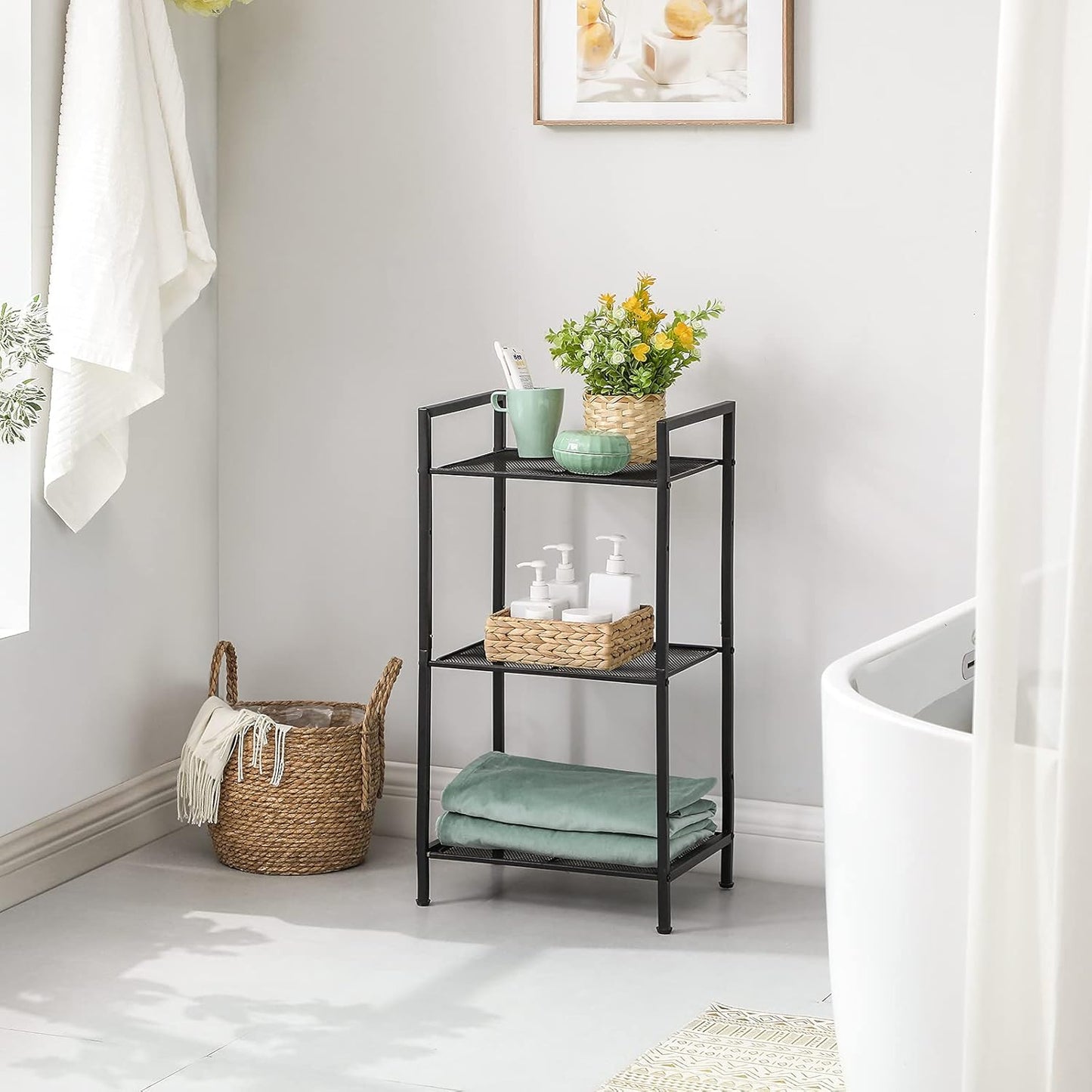 3-Tier Storage Rack, Bathroom Shelf, Extendable Plant Stand with Adjustable Shelf, for Bathroom, Living Room, Balcony, Kitchen, Black UBSC33BK