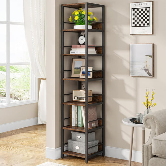 6-Tier Corner Shelf, 75 Inch Tall Narrow Bookshelf Storage Rack, Etagere Shelves Display Stand for Small Spaces, Rustic Open Bookcase Square Shelf Tower for Living Room Bathroom