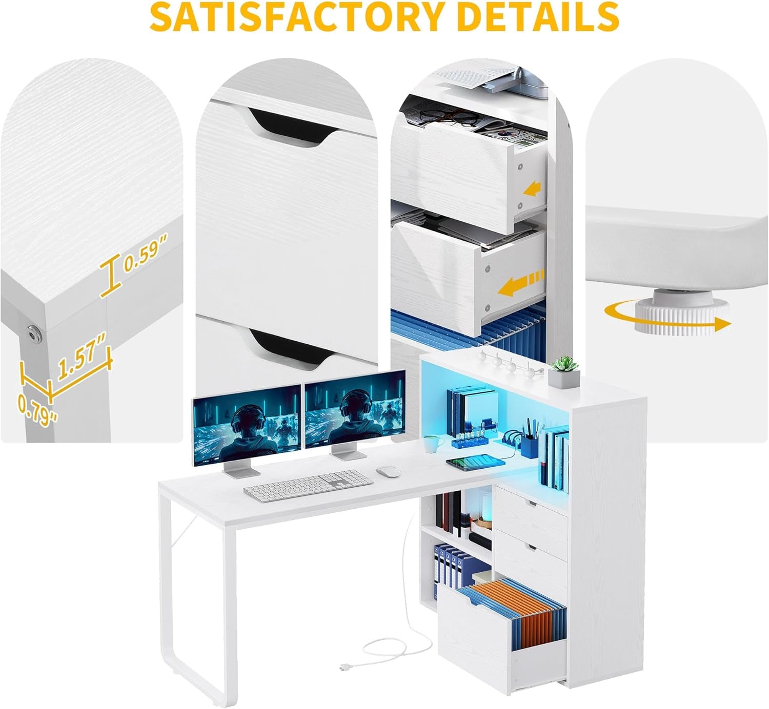 L Shaped Desk with Drawers, 55" Corner Computer Desk with Bookshelf & Power Outlets & LED Lights, Home Office Desk with Storage Shelves, White