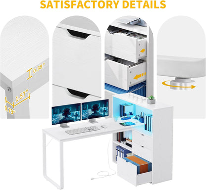 L Shaped Desk with Drawers, 55" Corner Computer Desk with Bookshelf & Power Outlets & LED Lights, Home Office Desk with Storage Shelves, White