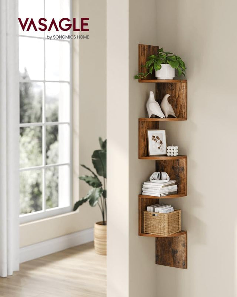 Corner Shelf Wall Mount, 5-Tier Floating Corner Bookshelf, Plant Shelf for Bedroom, Living Room, Bathroom, Home Office, Rustic Brown ULBC72BX