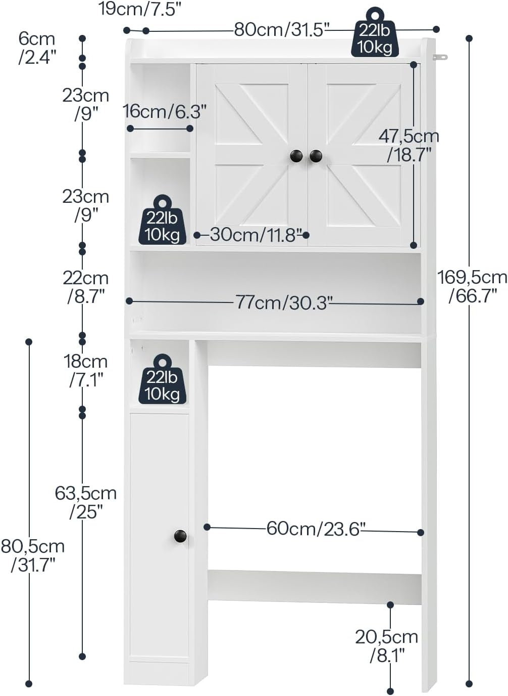 over the Toilet Storage Cabinet, Farmhouse over Toilet Bathroom Organizer with Doors and Adjustable Shelves, 31.5" W X 7.5" Dx 66.7" H, Space-Saving for Bathroom, Laundry, White WT80TS01N1