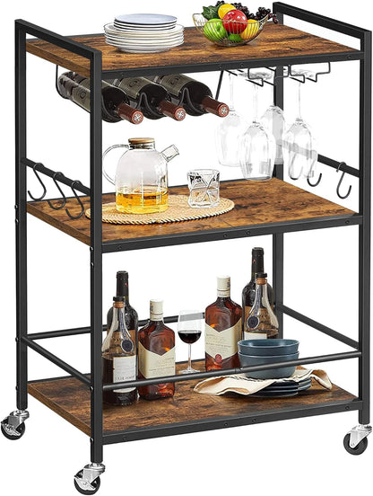 Bar Cart, Serving Cart for Home, Microwave Cart, Drink Cart, Mobile Kitchen Shelf with Wine Rack and Glass Holder, Rolling Beverage Cart BC01BB030