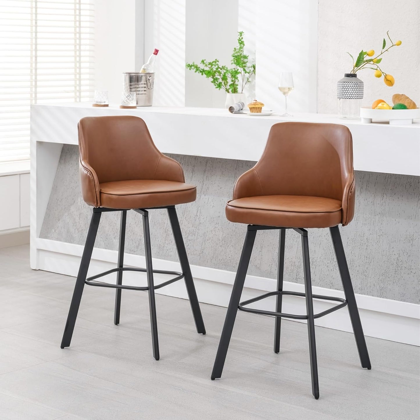 Bar Stools Set of 4, 30" Swivel Bar Height Bar Stools with High Back, Faux Leather Kitchen Bar Chairs Bar Height for Kitchen Island (Dark Brown, 4PCS 30" Bar Stool)