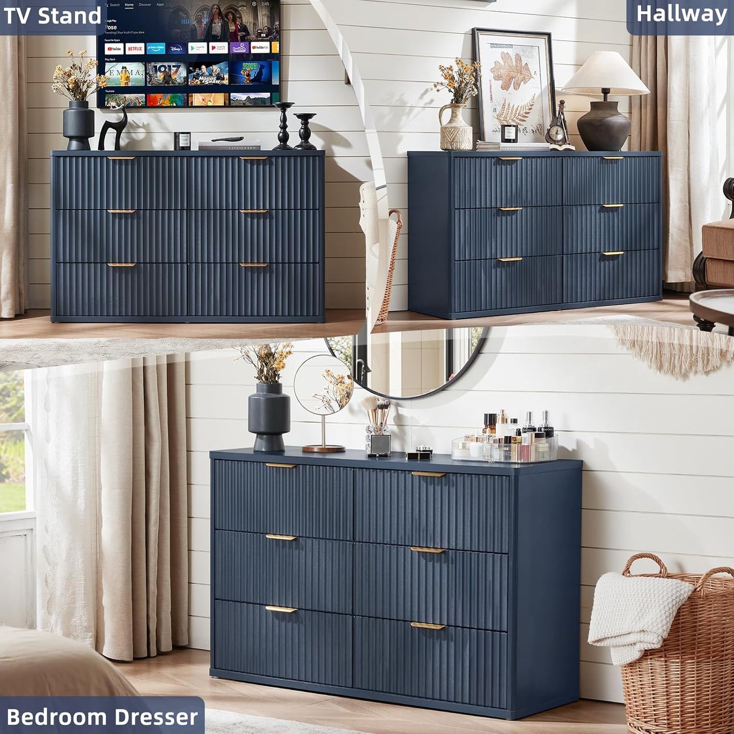 Fluted 6 Drawers Dresser for Bedroom, 48" Wide Modern Chest of Drawers with Metal Handle, Navy Blue Curved Profile Farmhouse Closet Organizer Wood Dressers TV Stand for Living Room, Hallway