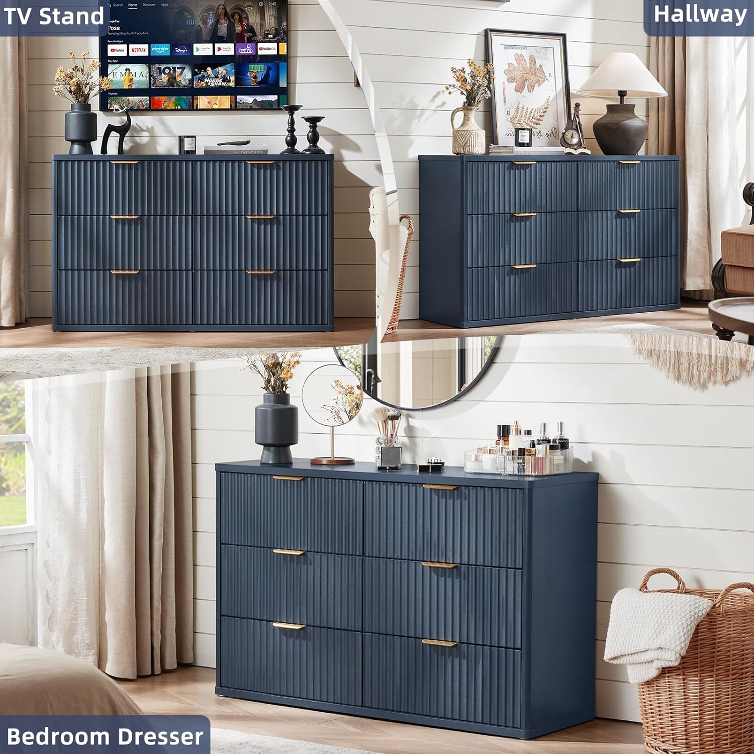 Fluted 6 Drawers Dresser for Bedroom, 48" Wide Modern Chest of Drawers with Metal Handle, Navy Blue Curved Profile Farmhouse Closet Organizer Wood Dressers TV Stand for Living Room, Hallway